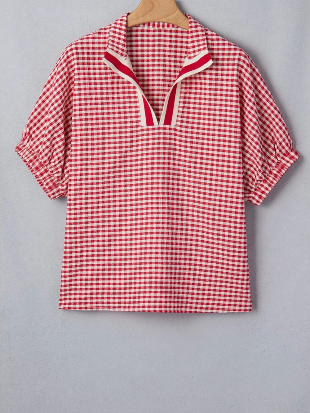 Boutique Red and White Gingham Short Sleeve Colorblock Trim Puff Sleeve Blouse - Picture 2 of 6